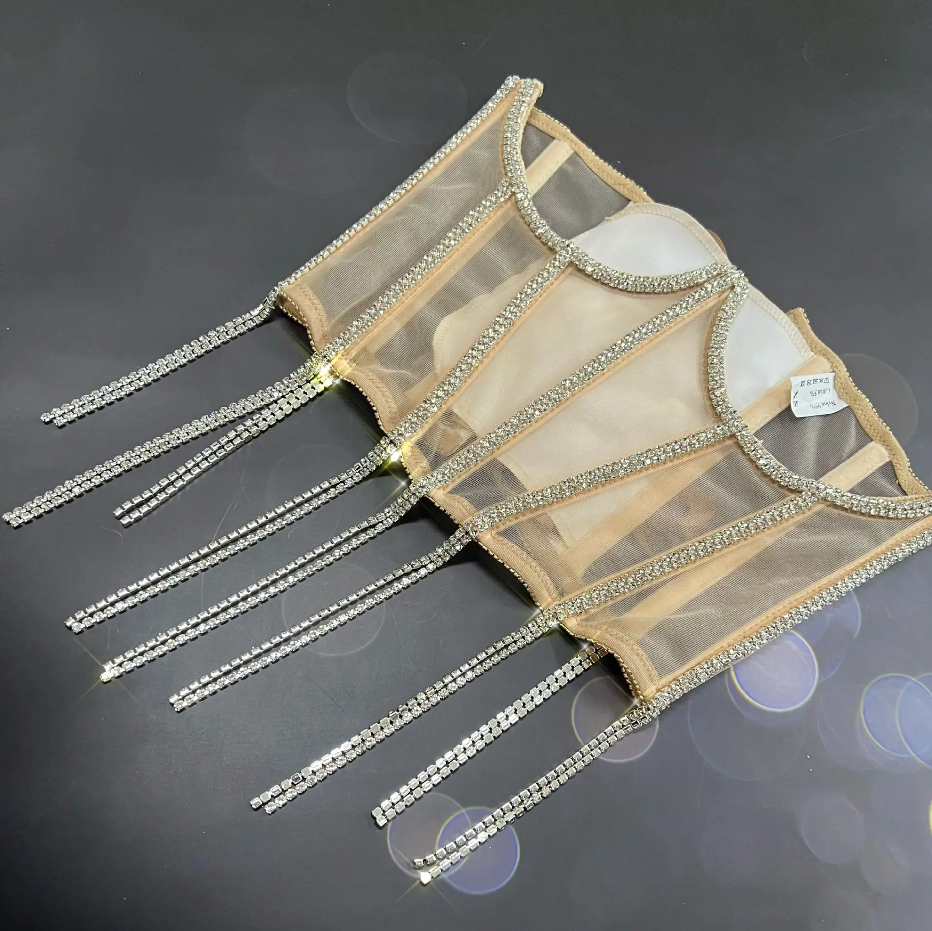 Women Underbust Corset Belt Luxury Diamonds Tassel Sexy Black Cummerbunds Streetwear NightClub Evening Party Stage Costume