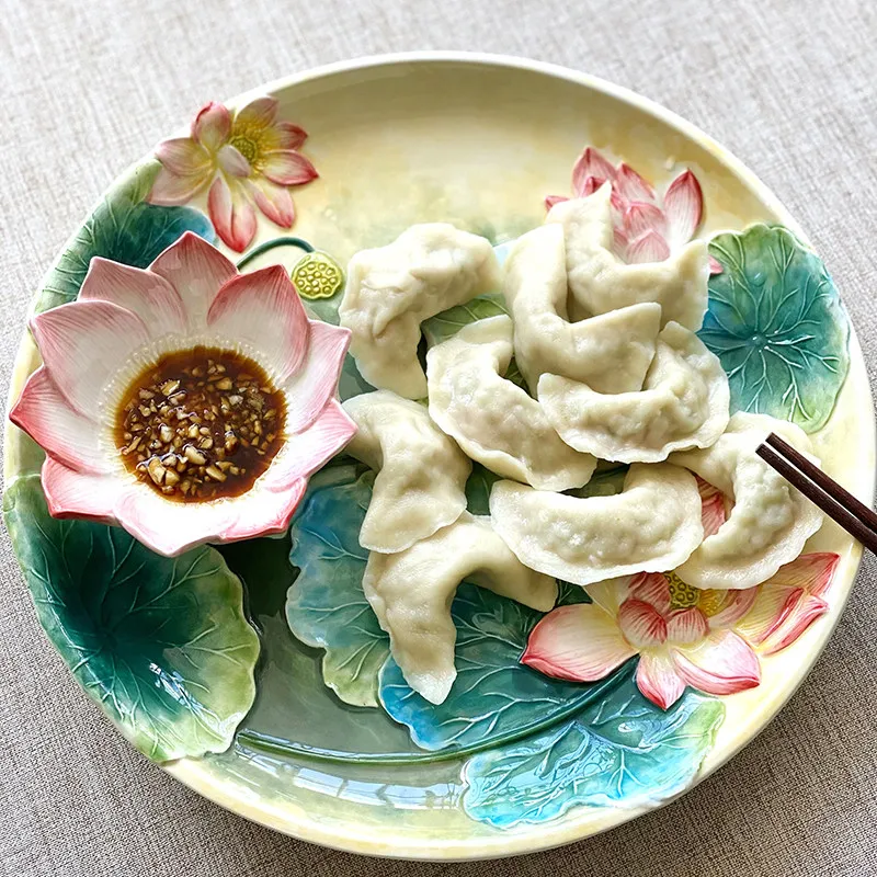 Creative Lotus Square Plate, Ceramic Dumpling Serving Dish for Kitchen, Elegant Tableware Art