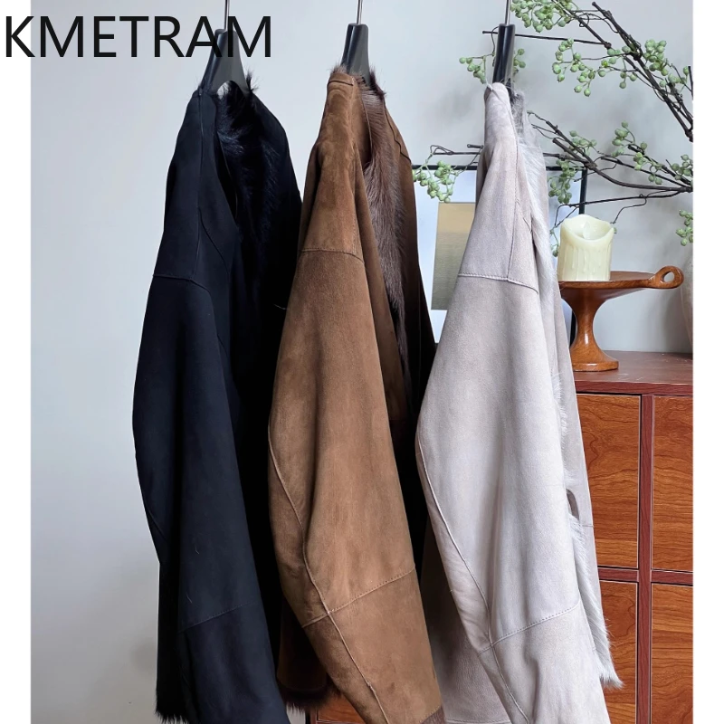 KMETRAM 100% Natural Goat Sheepskin with Wool Atttached Fur Coat Lacing Casual Medium Clothes for Woman 2025 Winter fourrures