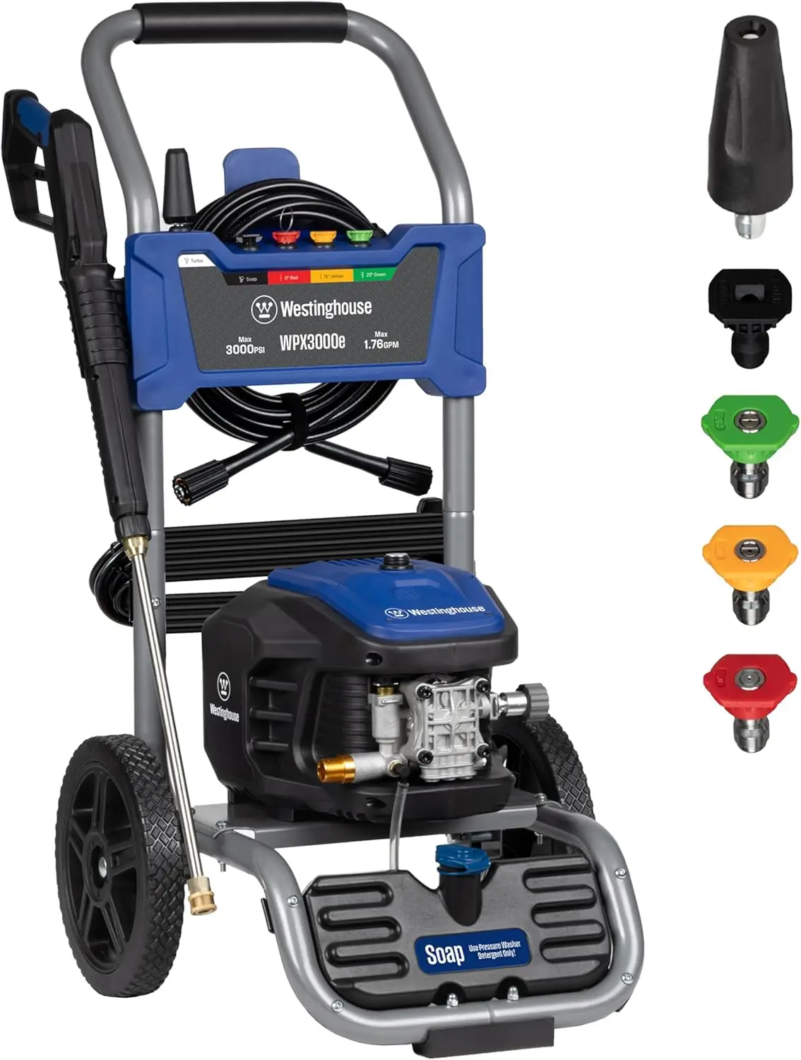

Electric Pressure Washer, 3000 PSI & 1.76 GPM, Induction Motor, Soap Tank, Spray Gun with Nozzles for Cars and Homes