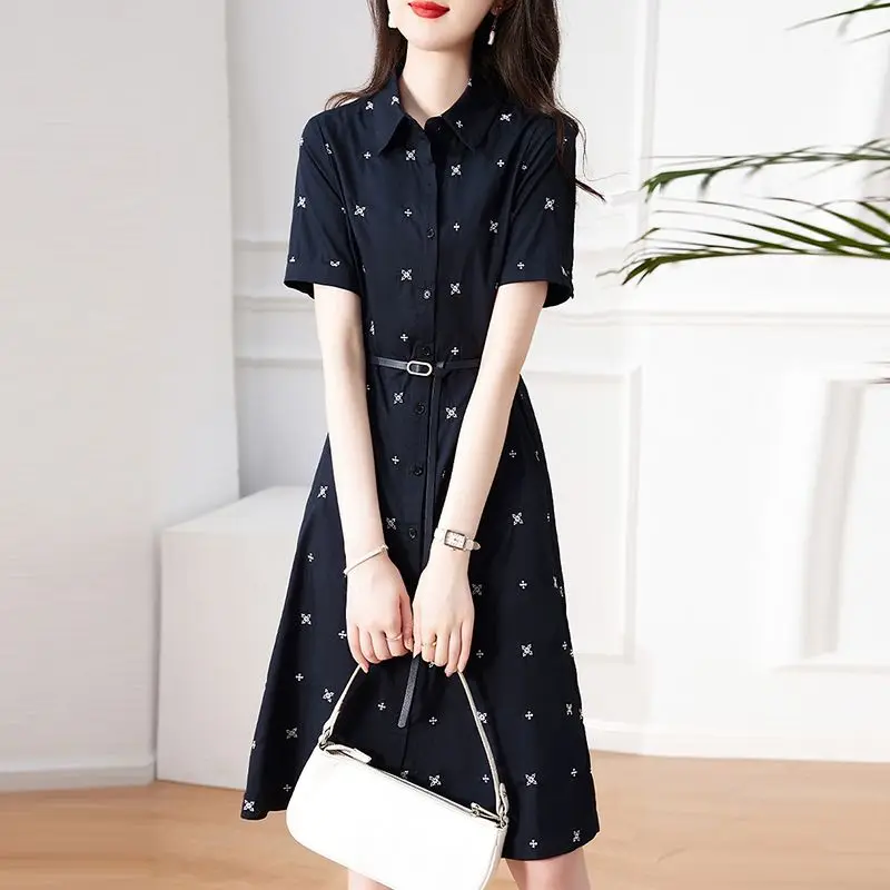 Women Clothing 2024 Summer Fashion Print with Belt Elegant Shirt Dresses Female Short Sleeve High Waist Slim Midi Dress Vestidos