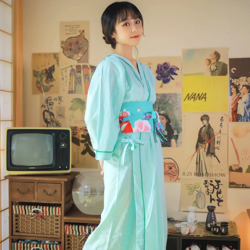 Japanese-style Kimono Yukata With Belt Women's Spa Clothing Cotton Home Service Bathrobe Nightgown Sky Blue