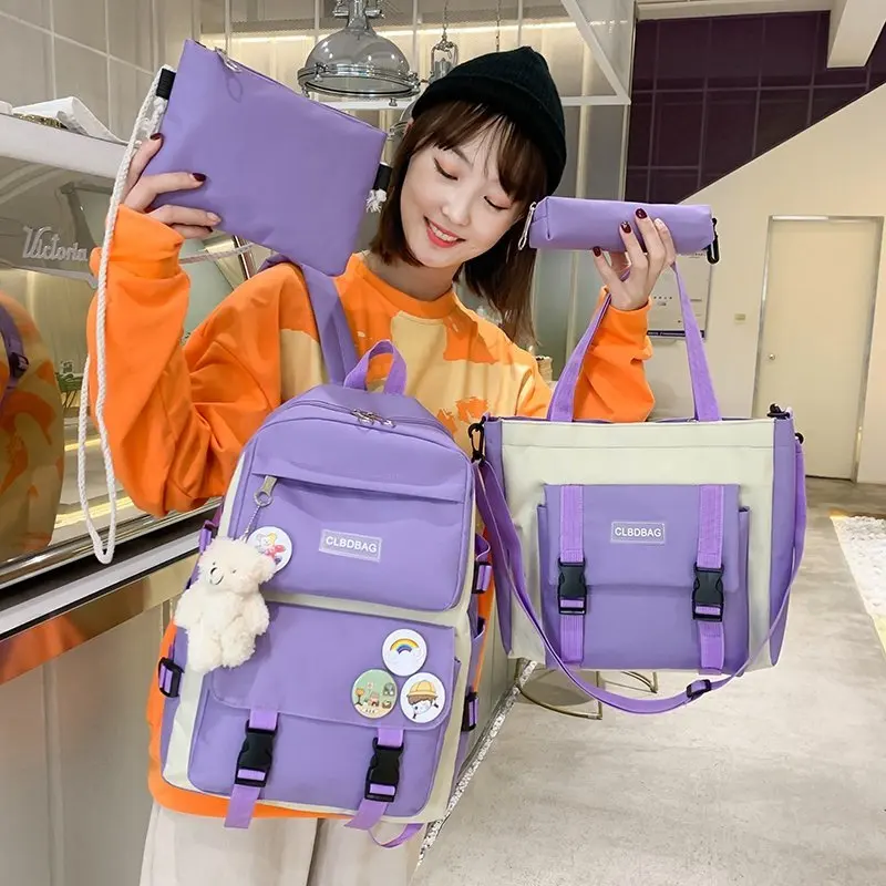 5 Piece Set School Bags For Teenage Girls Canvas Solid Color Women Backpack Female Teen Student Schoolbag