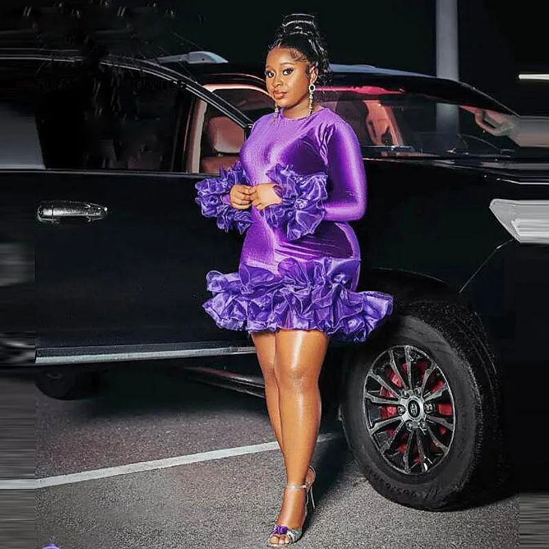 Purple Velvet Short Cocktail Dresses Ruffles Tiered Mini Aso Ebi Birthday Party Dress With Long Sleeves robes de cocktail