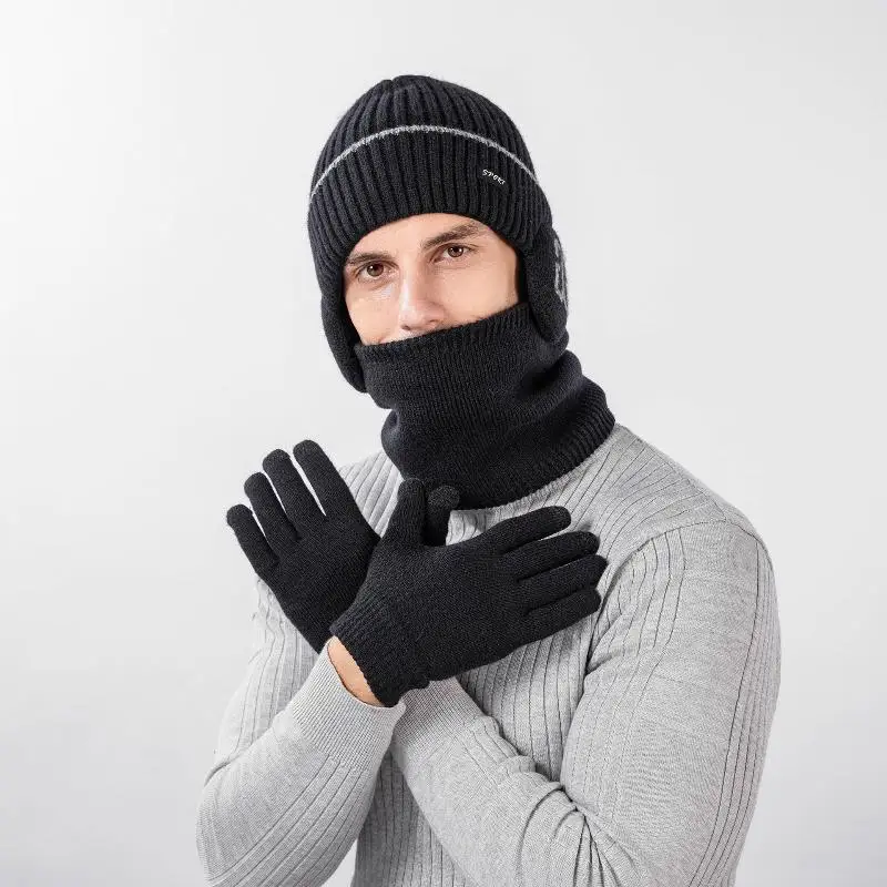 Winter Warm Thicken Hat Scarf And Gloves Set Mens Thermal Fleece Lined Slouchy Beanie Neck Scarves Gloves 3 In 1 Warm Set