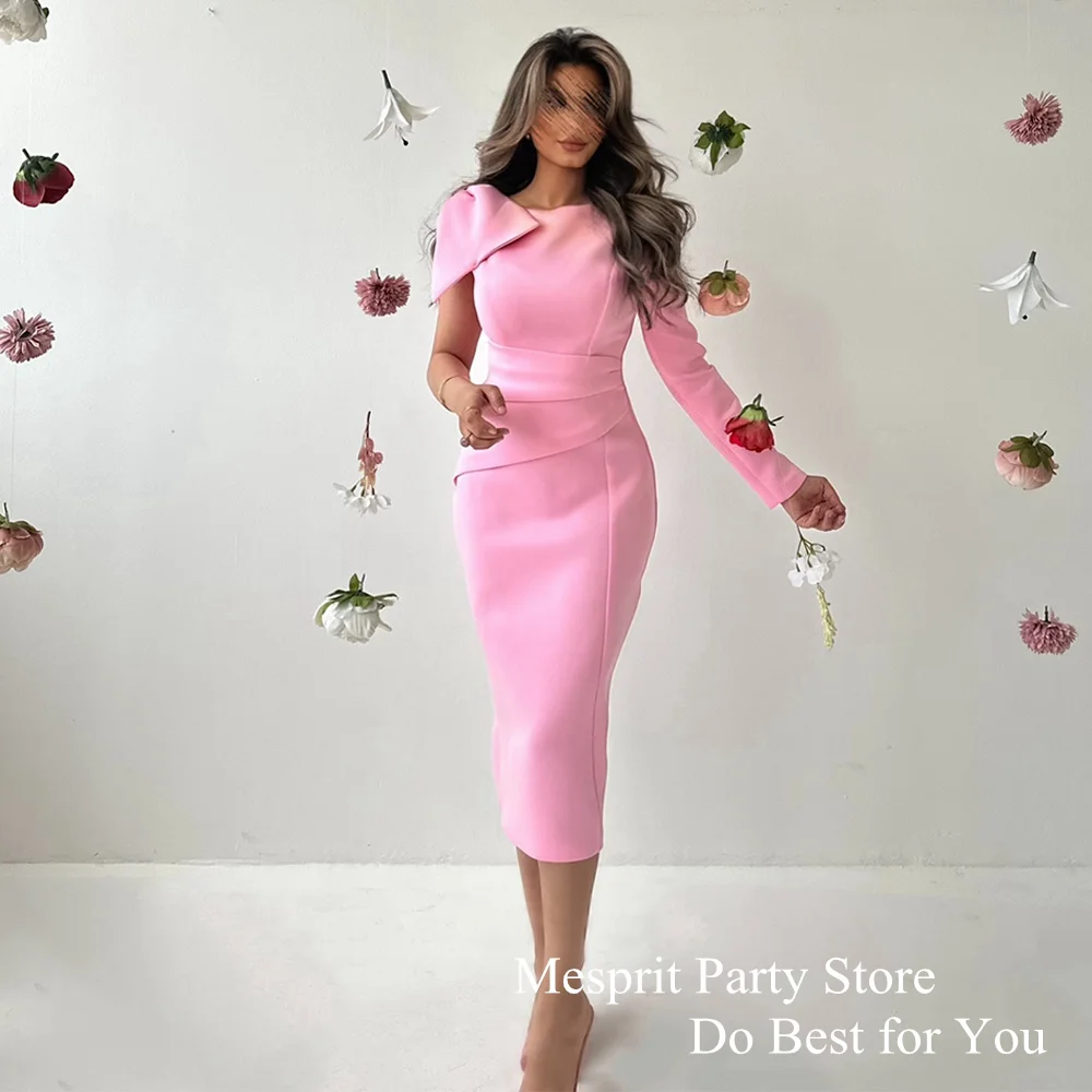 Fashion Simple Mermaid Prom Dress Short Long Sleeve Scoop Neck Big Bow Tea Length Cocktail Party Gown Saud Evening Dresses