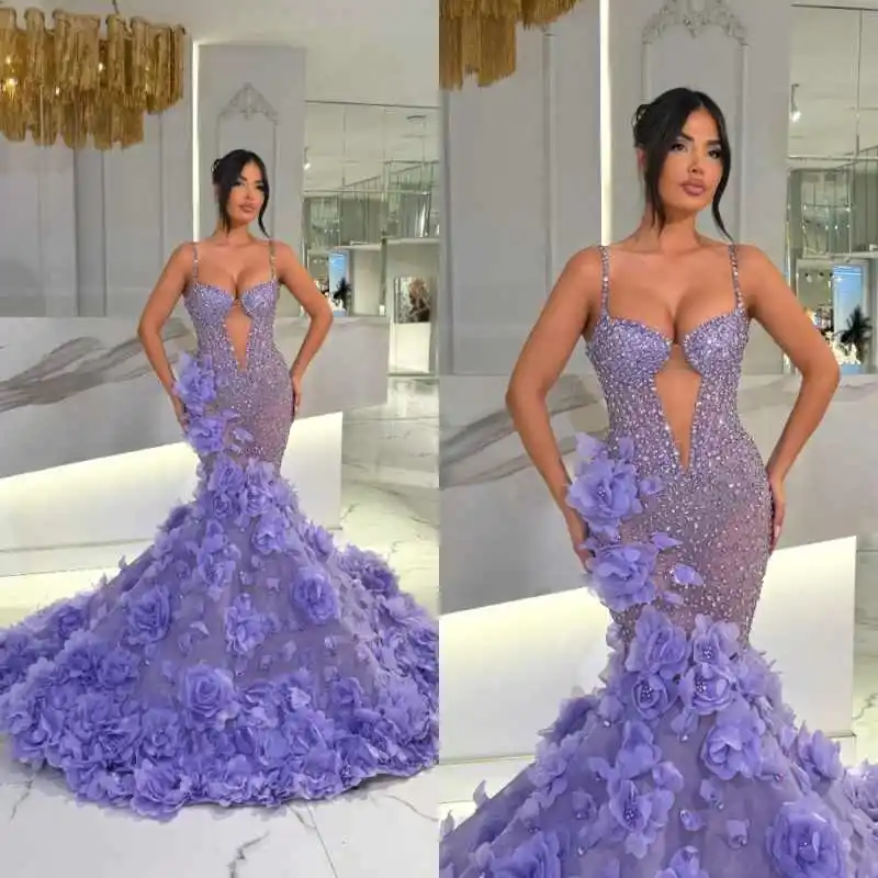 

Romantic 3D Flowers Prom Dresses For Women Spaghetti Straps Sleeveless Crystals Birthday Party Mermaid Evening Gown Customized