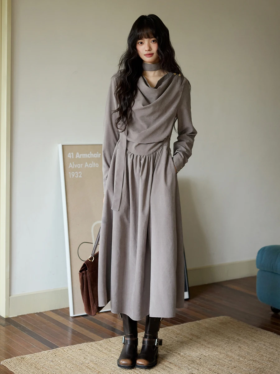 

Женское свободное платье Ele ey Sa в корейском стиле, осенне-зимнее, с высокой талией, длинными рукавами, А-силуэт, из полиэстера, повседневное