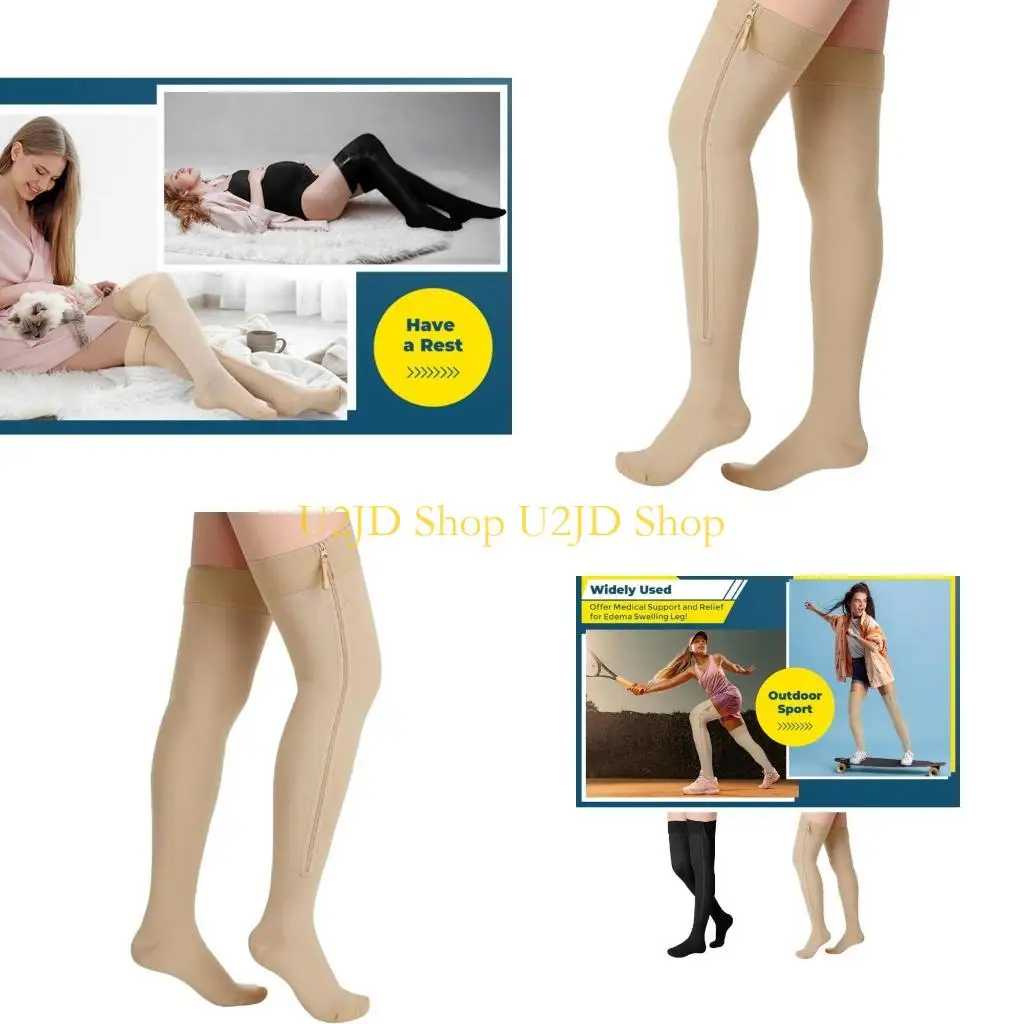 U2JD Reinforced Thigh Compression Stockings Zippered Closured Promotes Blood Reduces Swelling Socks For Travel Fitness