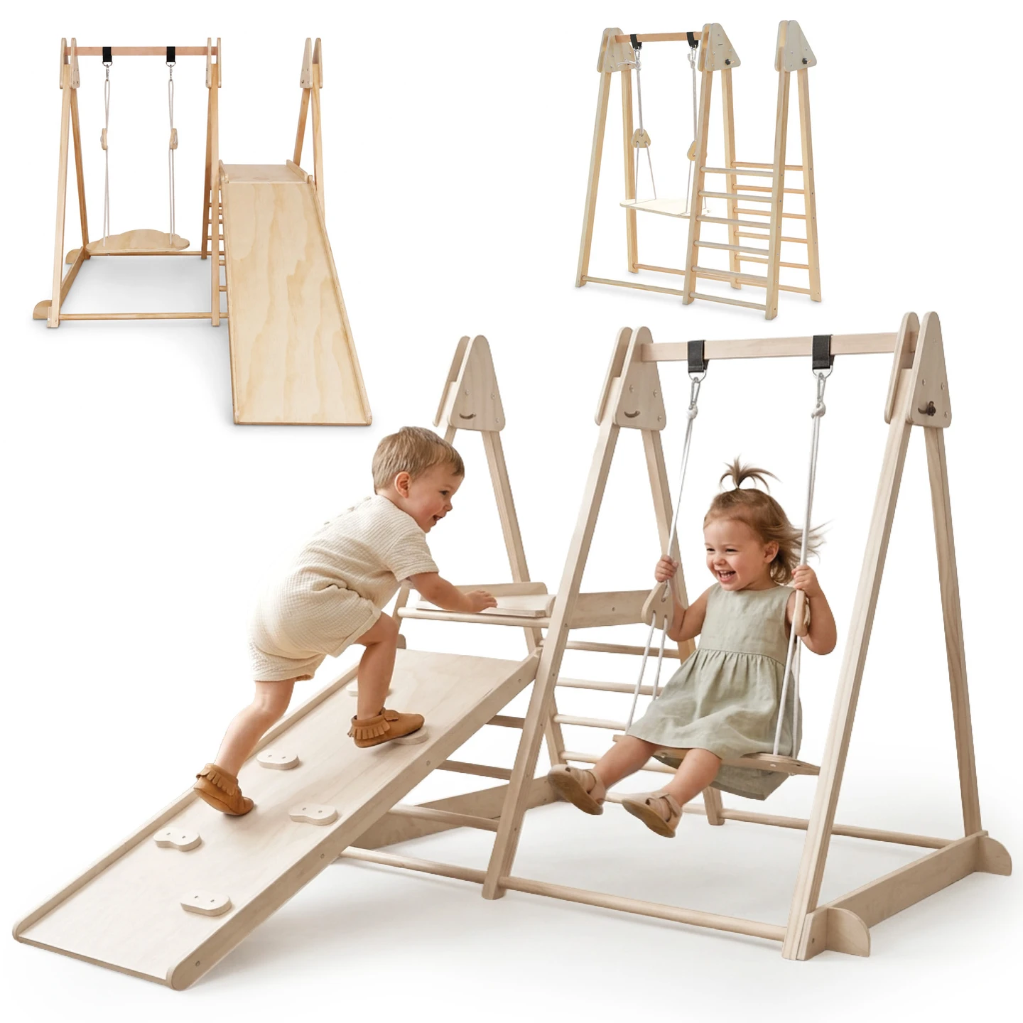 Mamabrum Holzspielplatz 3-in-1 Mam304 Spielplatz mit Rutsche, Kletterwand, Schaukel, Montessori-Lernspielzeug für Kinder, Mädchen und Jungen, faltbares, entwicklungsorientiertes Holzspielset