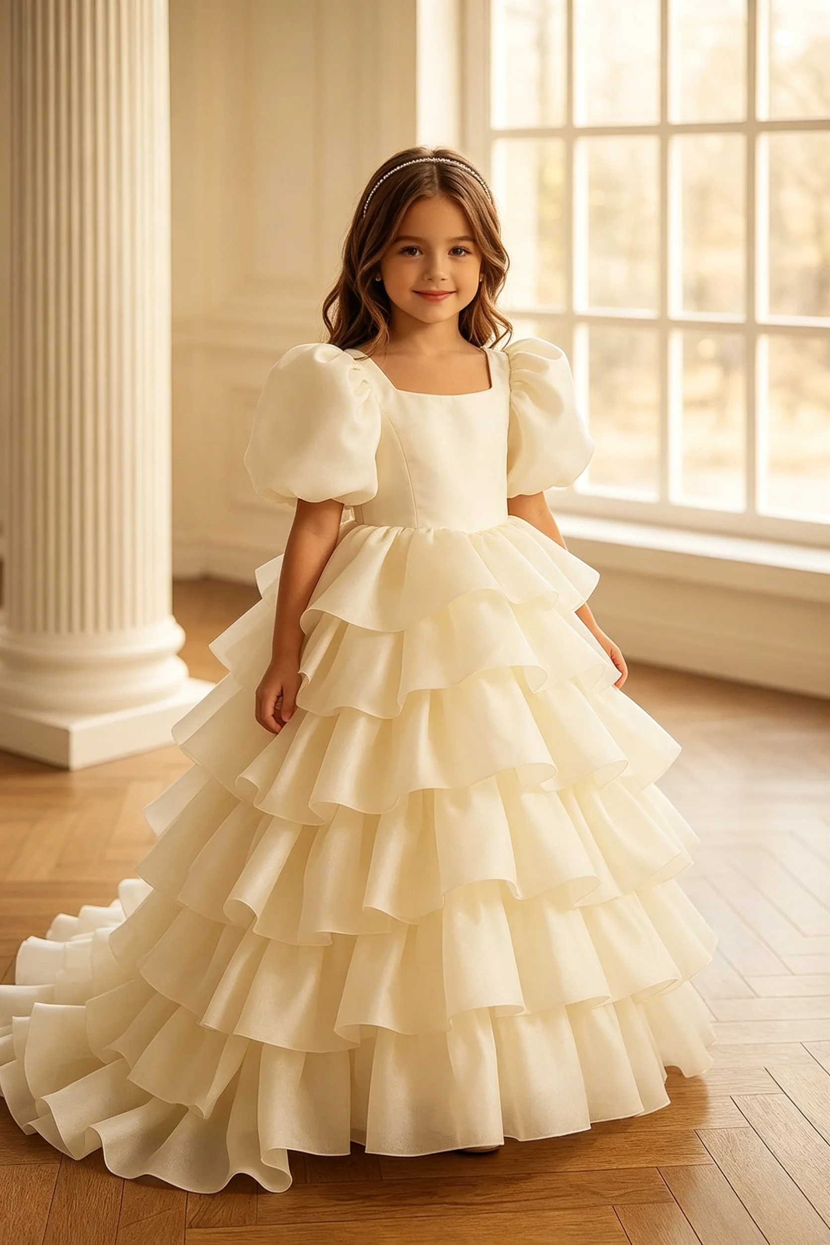 Luxurious Flower Girl Dresses,puff Sleeve Princess Dresses,children's Train Dresses,wedding Flower Girls,communion Dresses 2026