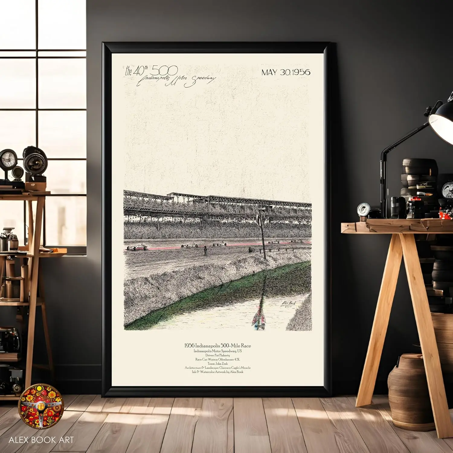 1956 Indianapolis 500 Art Print | Pat Flaherty Ink ; Watercolor Wall Indy-500 History Vintage Poster Best Home Office