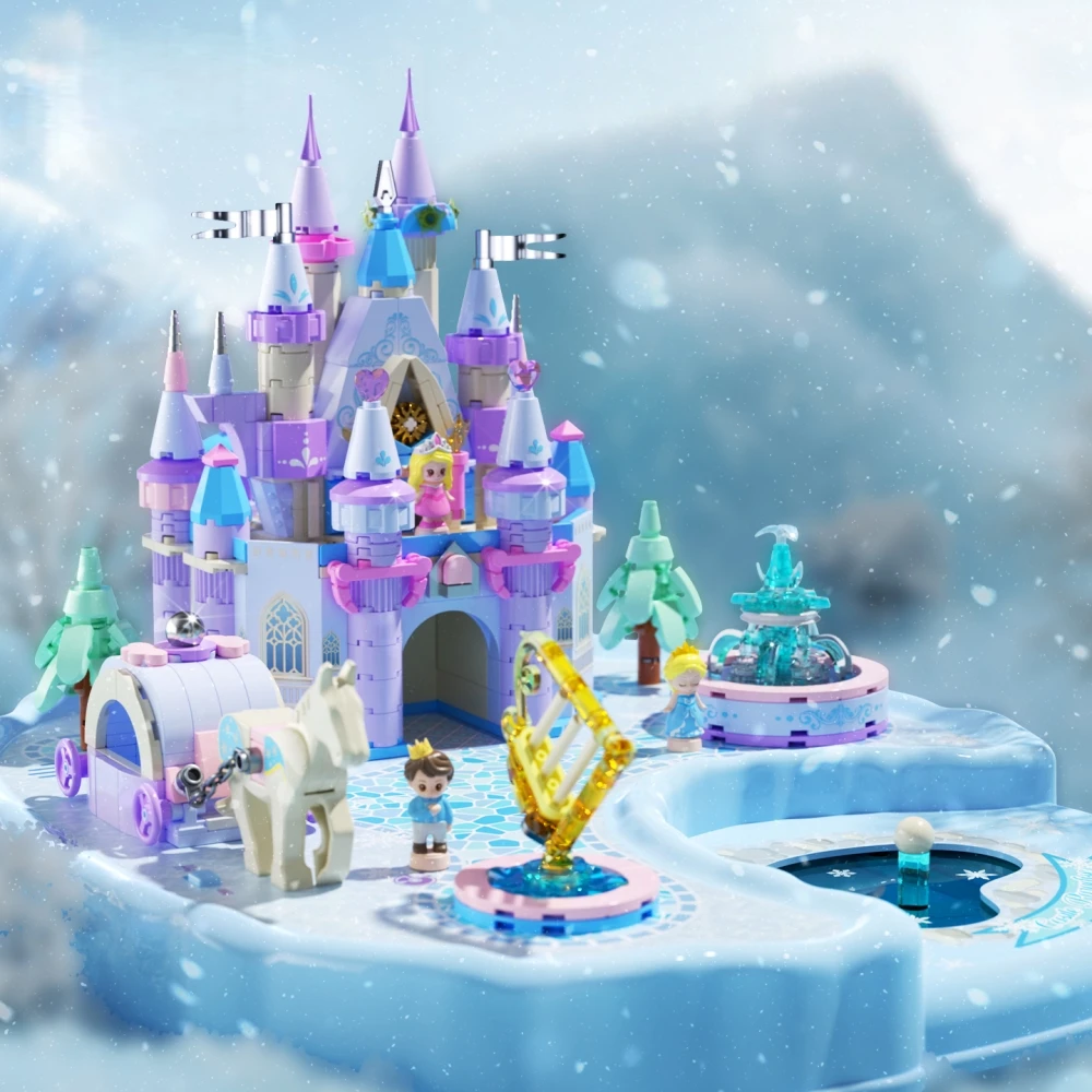 2025 ​Creative Princess Castle Building Blocks Model with Magnetic Music Ice Snow Theme DIY Assembly Bricks Girls Birthday Gift​