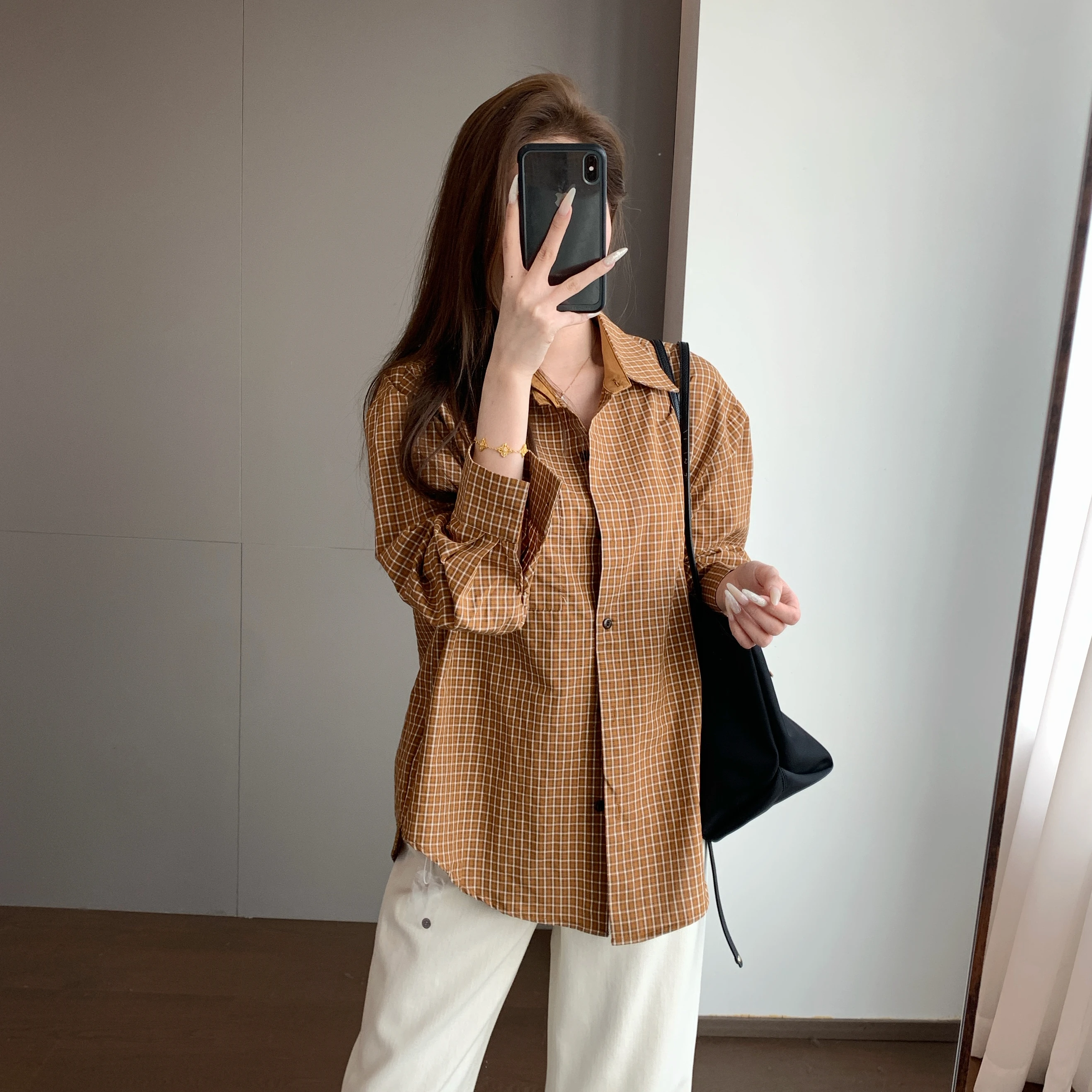 

TheWow Vintage HongKong Style Loose Fit Cotton Shirt Lightweight Breathable Plaid Long Sleeve Button up Women's Business Casu...
