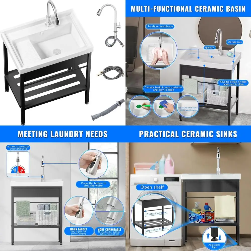 Freistehendes 28-Zoll-Keramik-Spülbecken mit Waschbrett, Kalt- und Warmwasserhahn, Schläuchen für Waschküche
