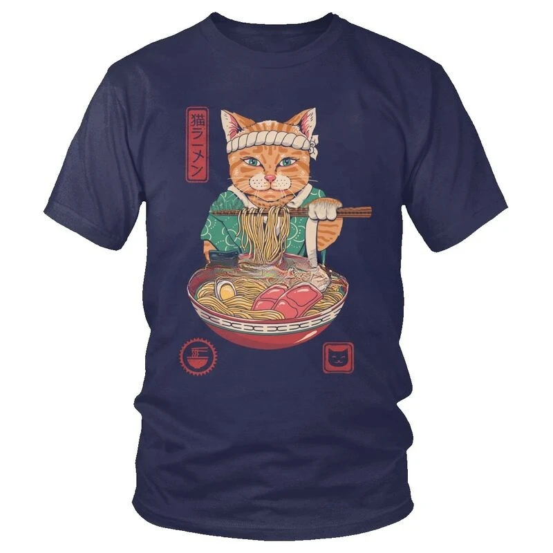 

Streetwear Japan Neko Ramen Cat Tshirt Short Sleeve Cool T Shirt Homme Cotton Tee Gift Idea Tvoe Men's Japanese Cat T-Shirt