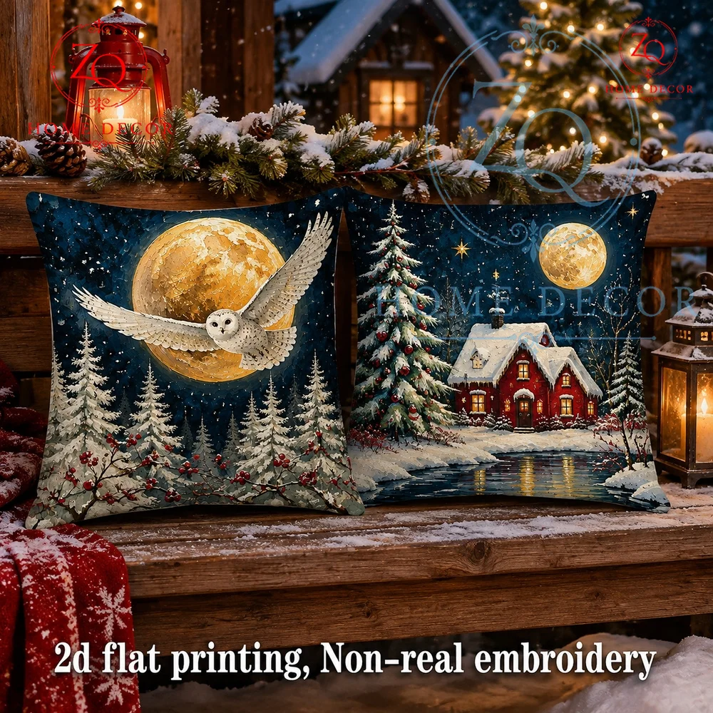 Vintage Winter Snowy Night Snow Owl  Full Moon Throw Pillow Cover Rustic Christmas Farmhouse Decor Cushion Case