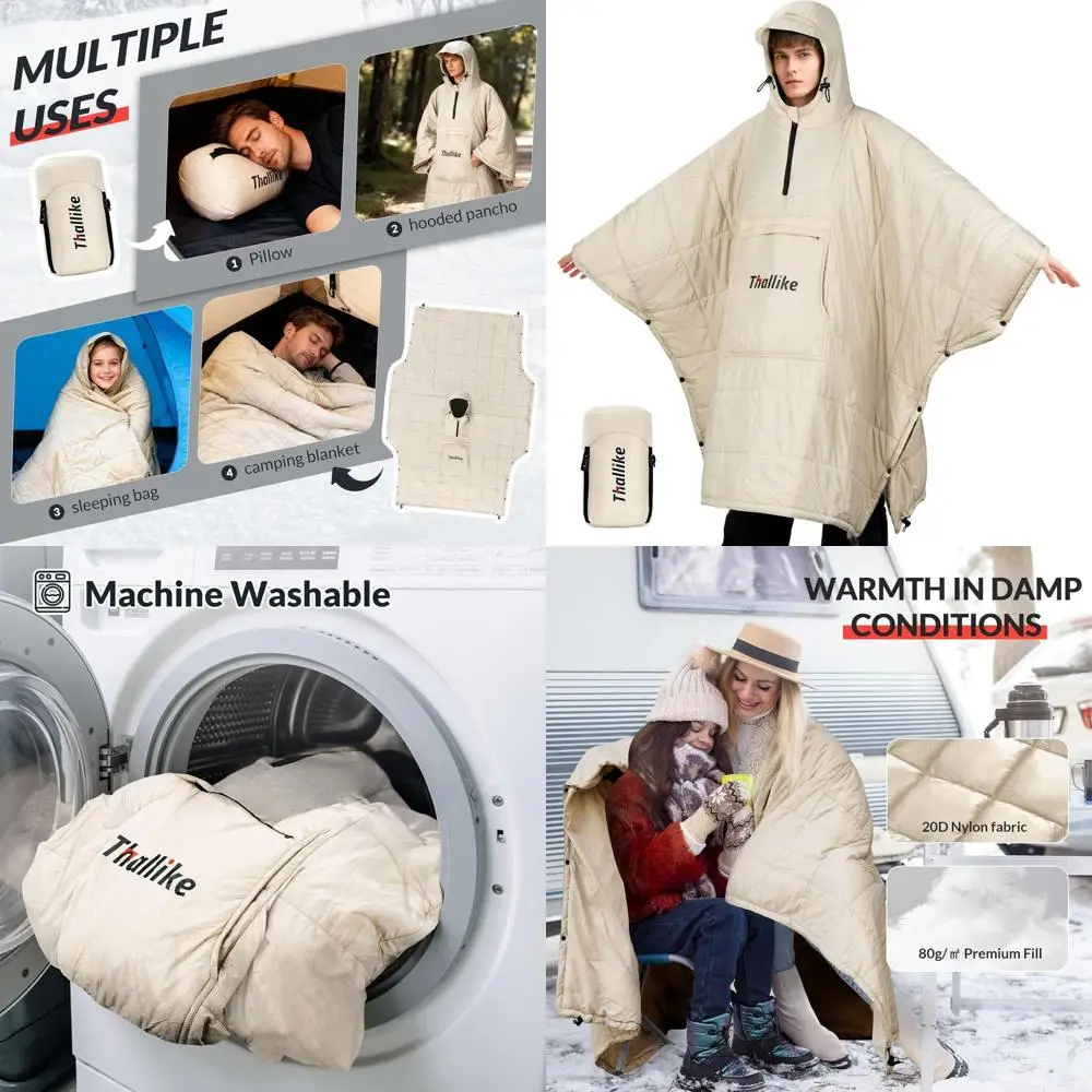 

Hooded Wearable Camping Blanket, 85 x 61 Large, Lightweight Sleeping Bag with Zip Pocket, Windproof Outdoor Poncho for Sports, H