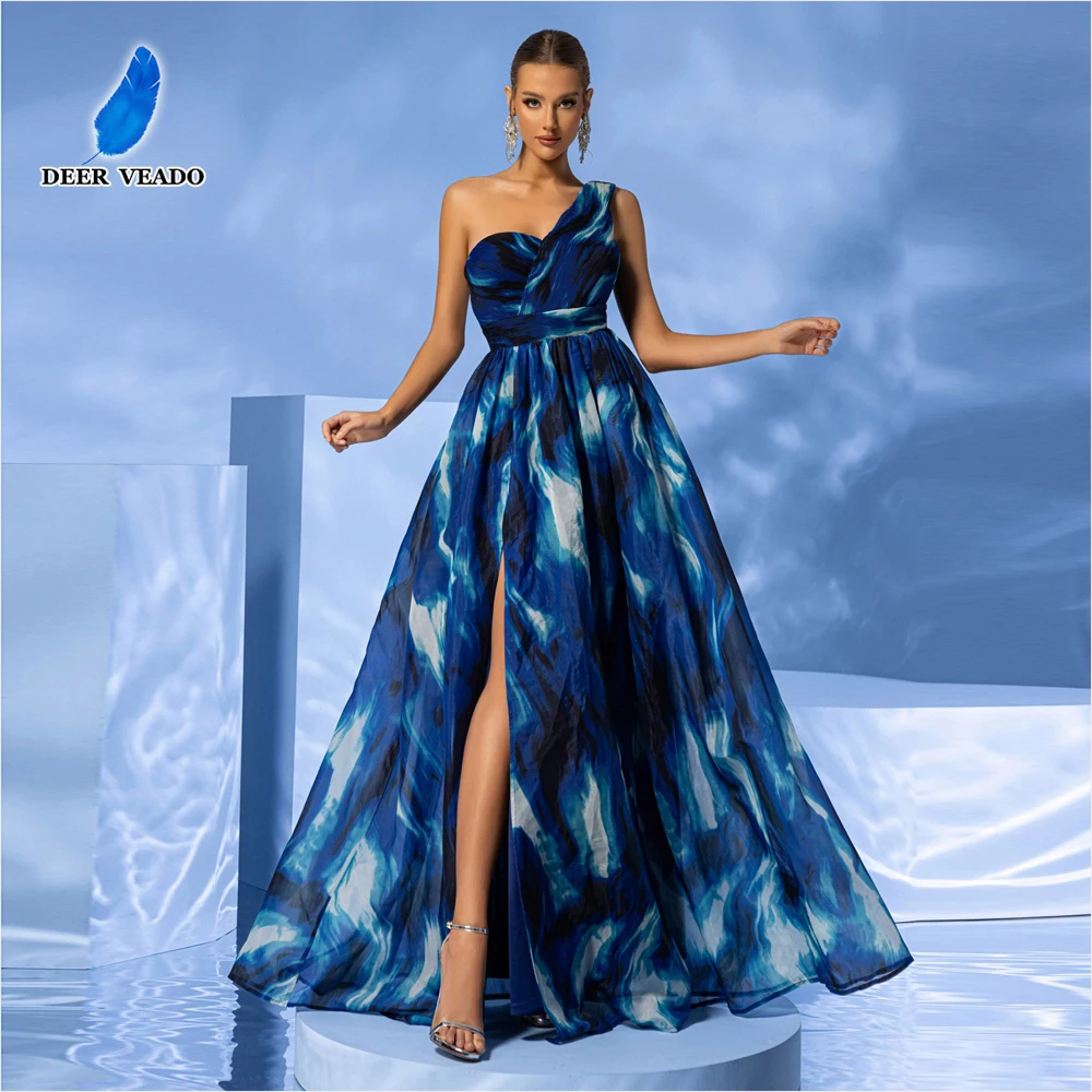 

DEERVEADO Elegant A Line One Shoulder Tie Dye Evening Dresses Long Women's Slit Wedding Party Dress Formal Occasion Dresses