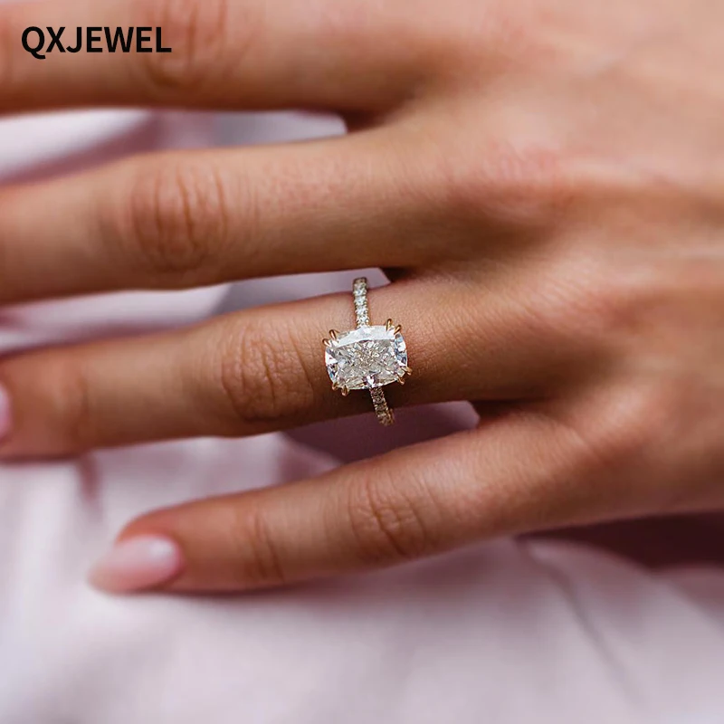 QXJEWEL 3.2 Carat Crushed Ice Hybrid Cushion Cut Moissanite Ring Dainty Double Claw Prongs Invisible Halo 14k Yellow Gold