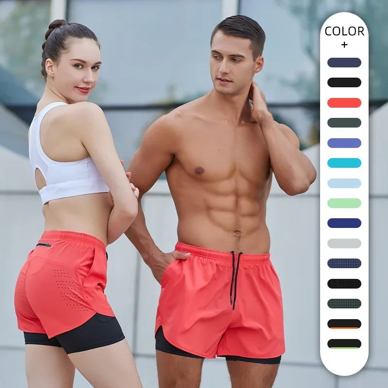 

Fashion Couple Sports Shorts Summer Men's Quick Dry Breathable Fake Two Double-layer Marathon Training Shorts Women