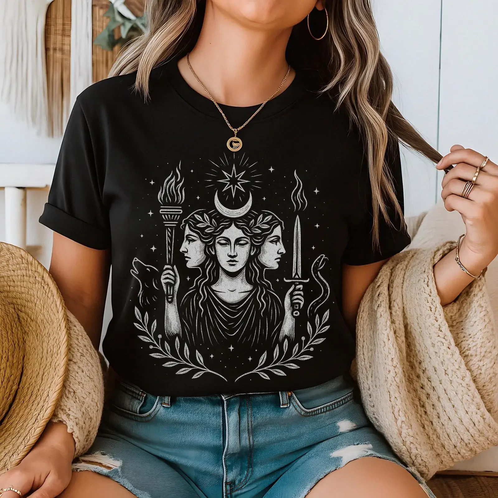 Hecate Triple Moon Goddess T Shirt Witchy Occult Gothic Pagan Symbol for Witches Mystic Souls Hekate  vintage Washed Breathable