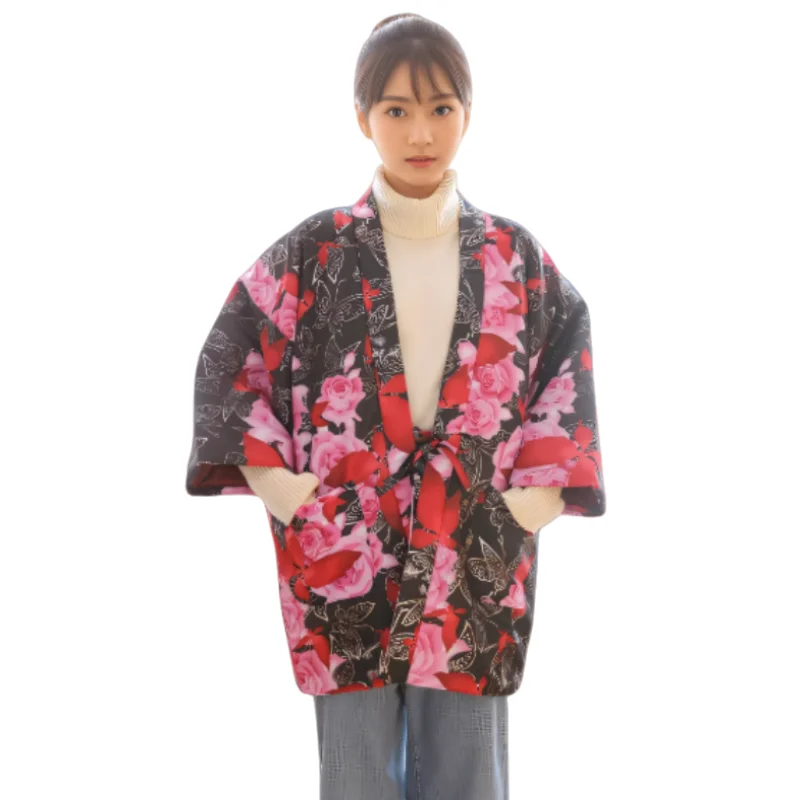

Japanese Style Winter Loose Floral Cotton Kimono Hanten Fashion Stand Collar Jacket Women Warm Cardigan Coat Homewear Pajamas
