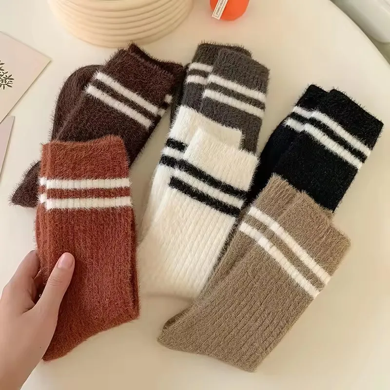 

5 Pairs Solid Cozy Hairy Mink Velvet Socks Women Autumn Winter Hosiery Thicken Warm Sleep Floor Home Fluffy Kawaii Striped Sock