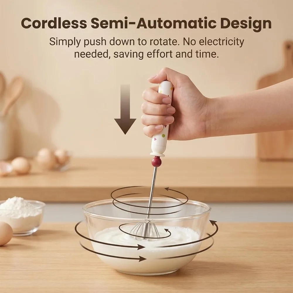 Stainless Steel Semi-Automatic Whisk Rotary Fast Frothing Egg Beater Ergonomic Effortless Mixing Hand Push Whisk