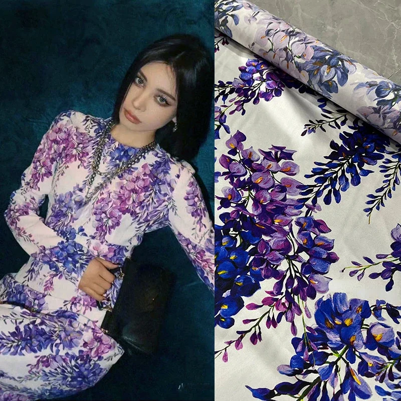 Brand Women's Digital Printing High Quality Purple Flower Bundle Natural Silk Satin Dress Skirt High Custom Fabric For Clothing