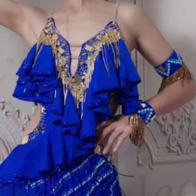 Concurso de dança latina feminino high-end personalizado pano flutuante borla grande sem costas estilingue samba desempenho strass vestido
