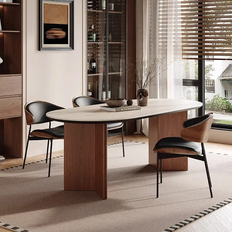 Zhuolun Meiqi retro medieval travertine rock slab household small apartment solid wood foot oval dining table