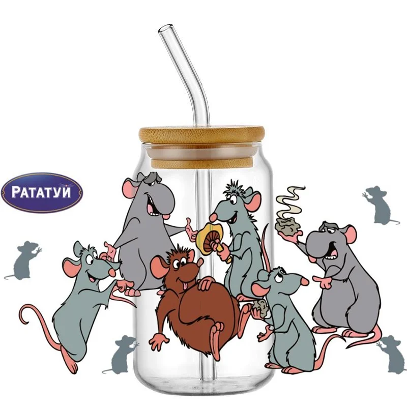 Miniso Cartoon Ratatouille Pattern UV DTF Transfer Sticker Waterproof Transfers Decals For 16oz Glass Cup Wrap Stickers