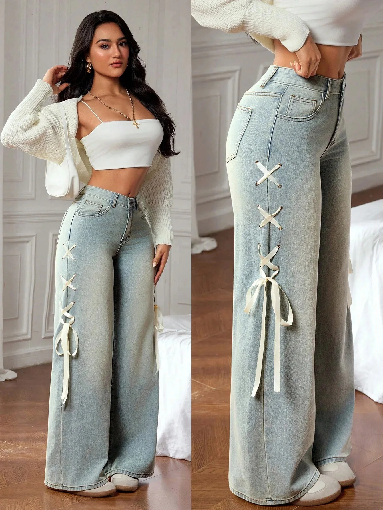 Cool Girl Sweet Ribbon Bow Jeans 2025 New Casual Wide Leg  Loose  Denim Pants Women's American Style High Street Trousers
