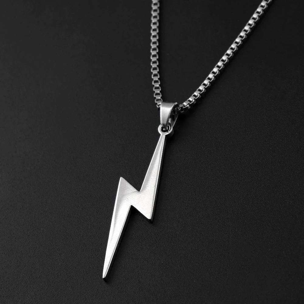 Punk Stainless Steel Lightning Pendant Necklace Minimalist Thunder Box Chain Necklaces for Men Women Rock Street Jewelry Gift