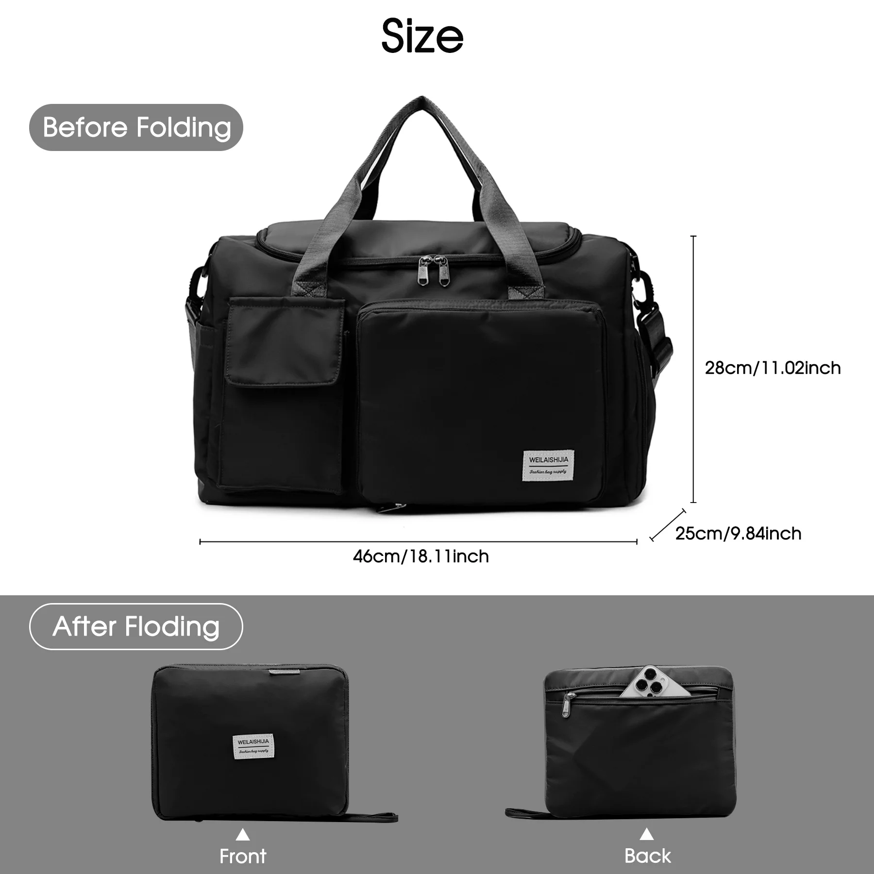 Large Foldable Travel Duffel Bag with Shoes Compartment, Sports Tote Gym Wet Pocket, Shoulder Weekender Overnight f