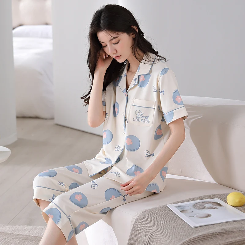 Summer 100%Cotton Floral Women Pajamas Set Short Sleeve Turn-down Collar Female Sleepwear Casual Soft M-XXL Women\'s Nightwear