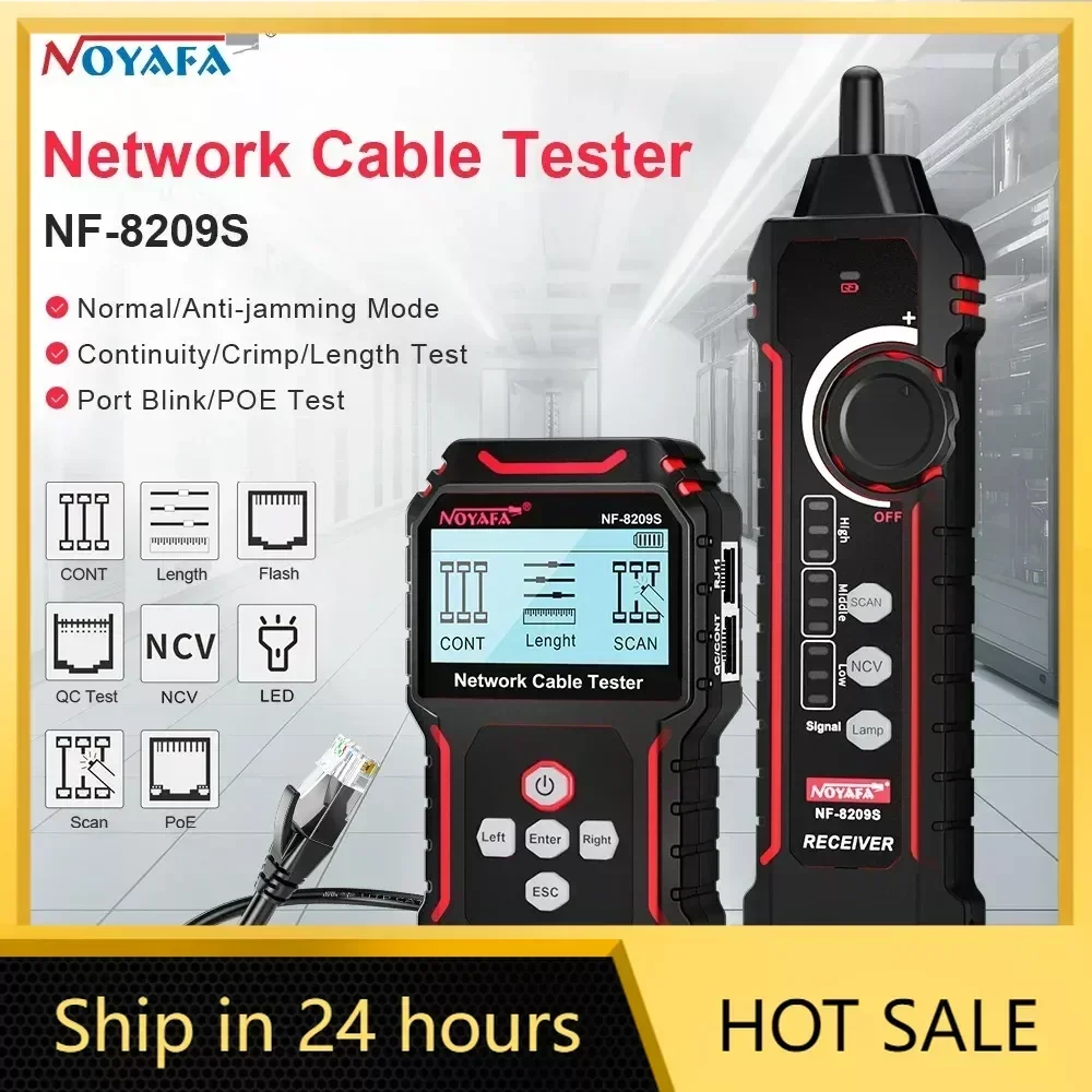 NOYAFA NF-8209S Tester per cavi di rete Cable Tracker Cat5 Cat6 Tester PoE rileva il Test di continuità della lunghezza con tester per cavi della lampada