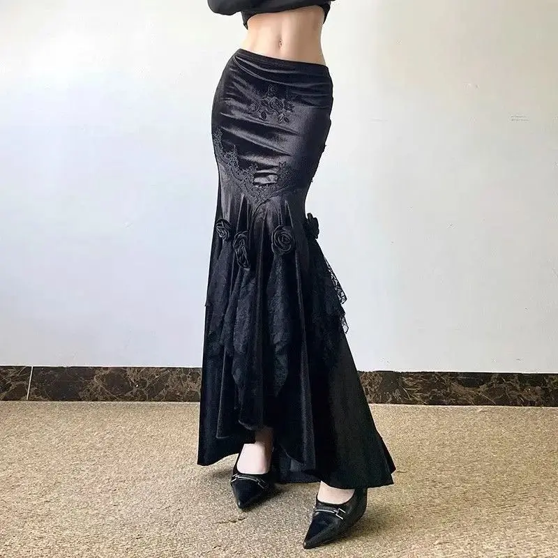 2026 Dark Goth Skirt Yabifeng Clothing Niche Long Hip Skirt Velvet