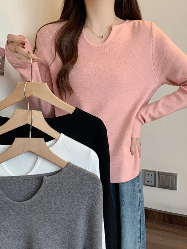 

plus Size Women's Fashionable Knitted Top Loose Base Layer Pure Color Long Sleeve round Neck Mid-Length Autumn Wear