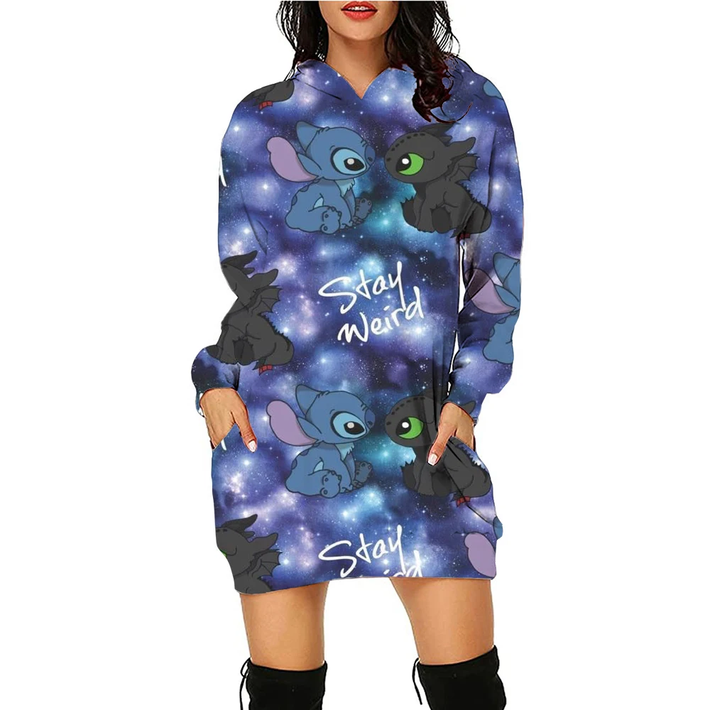 2024 Lovely Women\'s Hoodie Dress Hoodies Autumn S-3XLDisney Stitch print Series Anime Woman Clothes Kawaii Long Sleeve Y2k