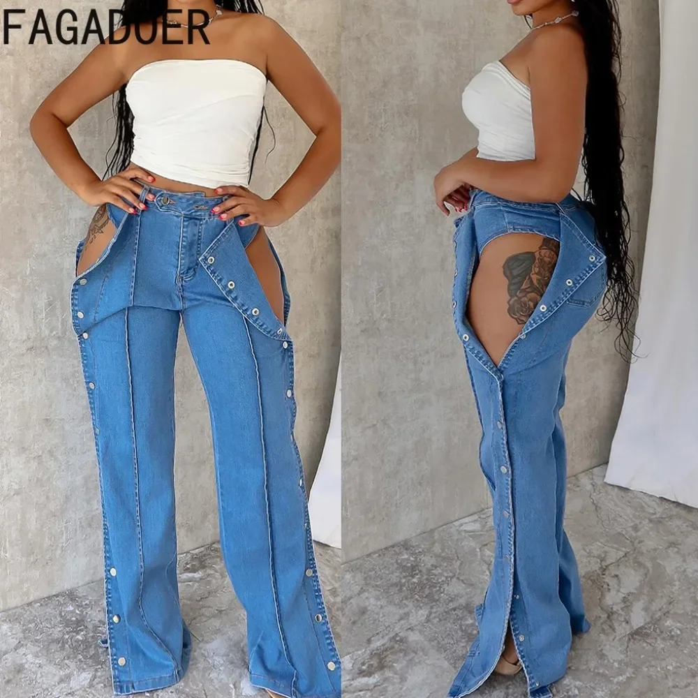 

FAGADOER Fashion Hollow Out Denim Pants Women Double Side Buttons High Waist Wide Leg Jeans Pants Hot Girl Streetwear Bottoms