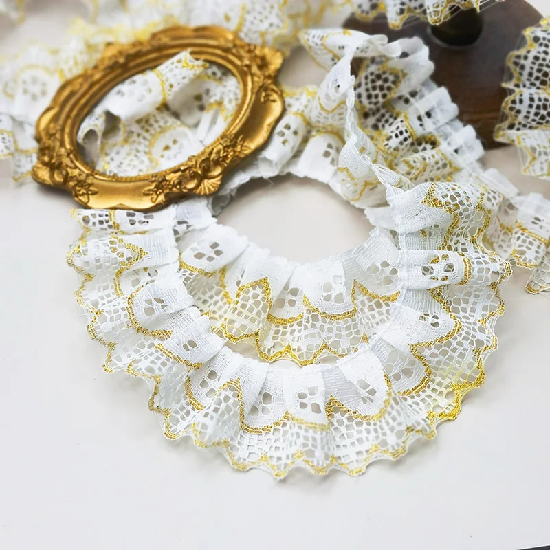 Nice Gold Thread Embroidery Pleated White Lace DIY Clothing Hat Headgear Storage Basket Bow Fabric Accessories Tie Material