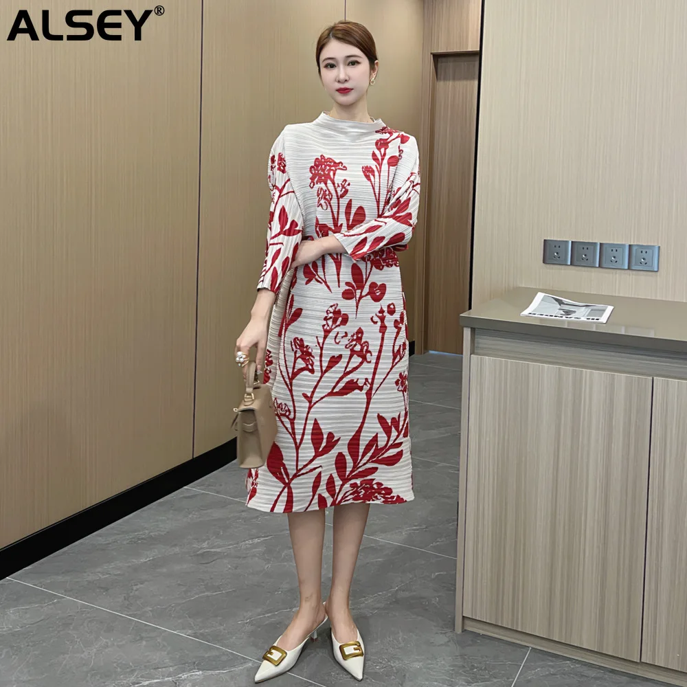 

ALSEY Miyake Pleated Dress 2024 New Printed Dress Temperament Design Sense Senior Drawstring Simple High Waist Thin Long Dress