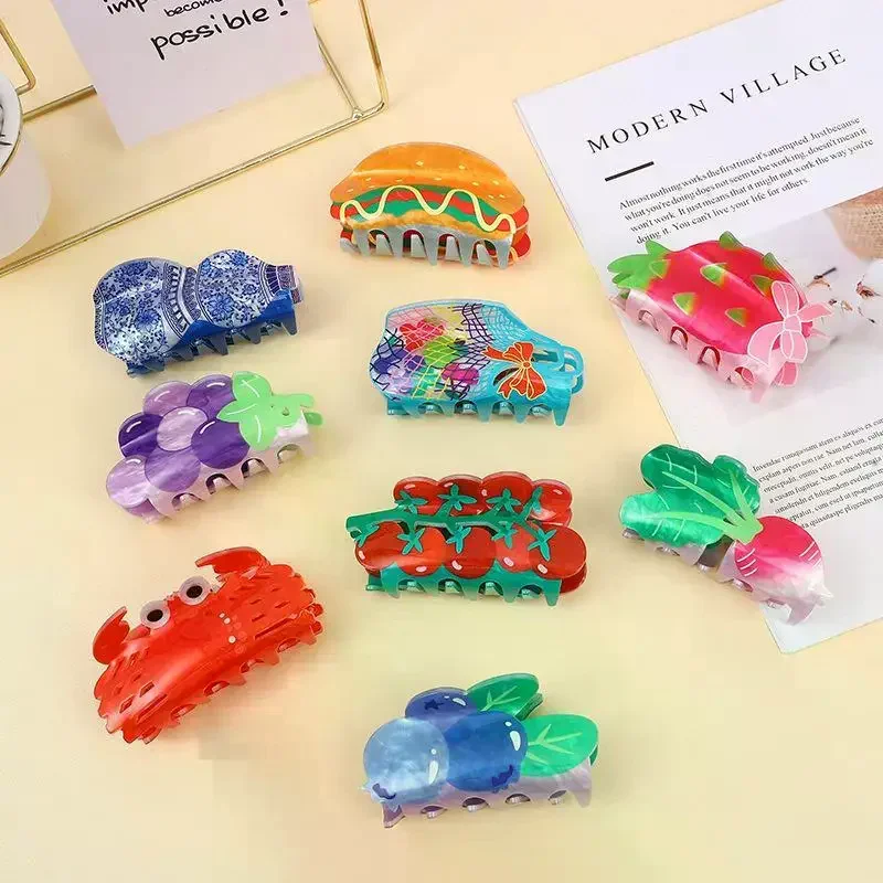 New Design Acrylic Lettuce Onion Tomato Shape Hair Clip Claw For Women Girls Creative Funny Printed Geometric Hair Accessories