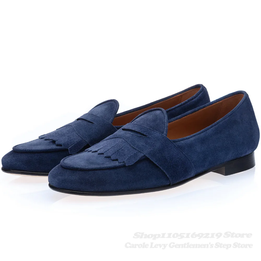 Blue Suede Round Toe Belgian Loafers Men Fringed Decor Slip On Solid Color Casual Comfort Business Formal Casual Single Shoes