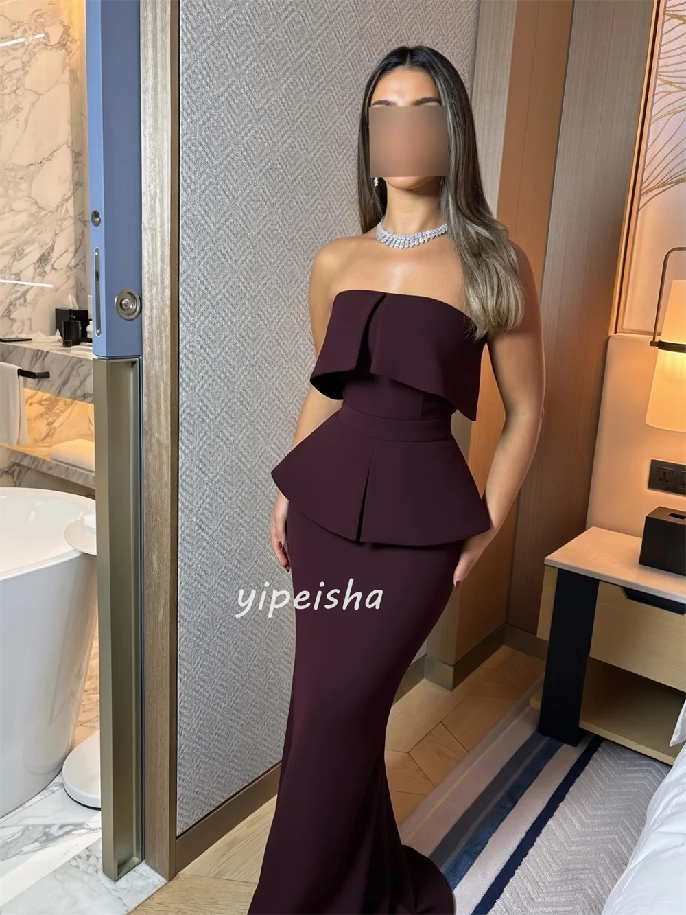 Customized Simple Modern Style Jersey Pleat Ruched Mermaid Strapless Midi Dresses Bespoke Occasion Dresses Sizes Available Retro