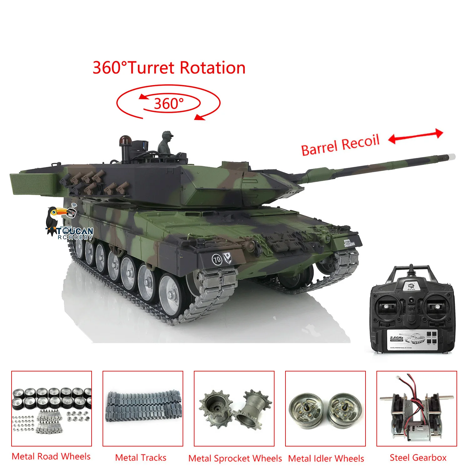 HENG LONG 1/16 TK7.0 Leopard2A6 RC Tank 3889 Metal Tracks Wheels Barrel Recoil BB Airsoft Smoke IR Battle TH17592-SMT4 view 2