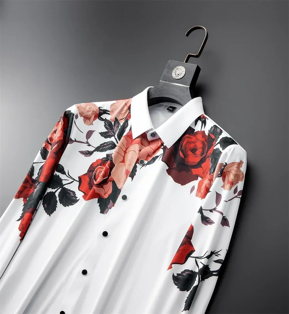 2024 Spring Flower Shirts Men Long Sleeve Casual Shirts Seamless Elastic Business Formal Dress Shirts Social Party Tuxedo Blouse