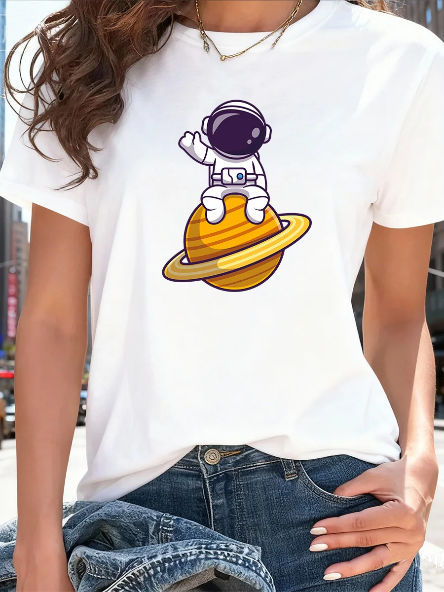 

White Short-Sleeve T-Shirt with "Summer Tropical Island Wave Vibes" Print, Palm Trees & Beach Scene Graphic Tee for Women